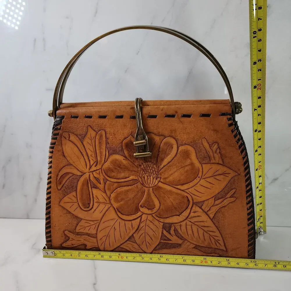 Vintage Tooled Leather Floral Handbag Artisan Western Purse